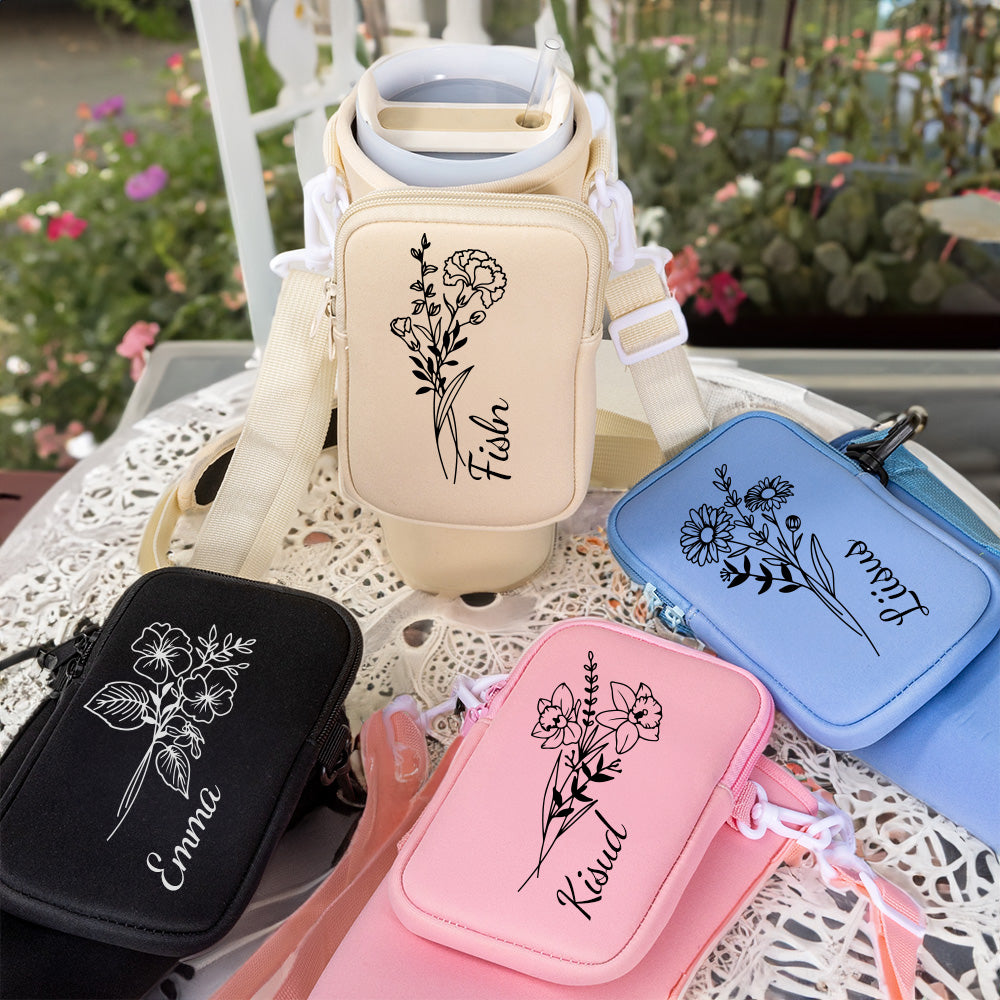 Gift for Women, Custom Name Birth Flower Tumbler Carrier Bag with Pouch, Outdoor Essential, Cup Holder Pouch with Handle, Compatible with 40oz Tumbler