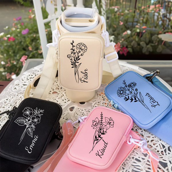 Gift for Women, Custom Name Birth Flower Tumbler Carrier Bag with Pouch, Outdoor Essential, Cup Holder Pouch with Handle, Compatible with 40oz Tumbler