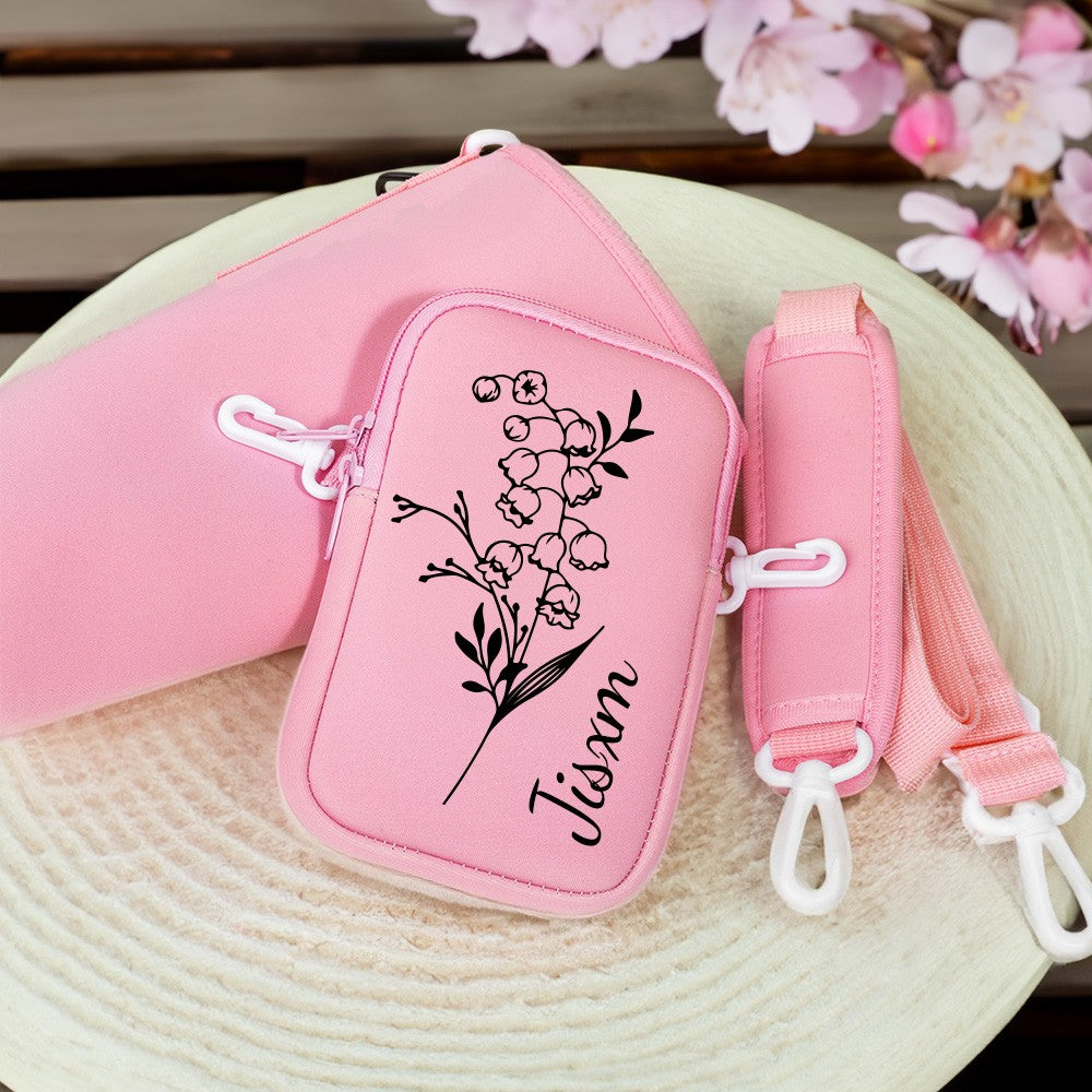 Gift for Women, Custom Name Birth Flower Tumbler Carrier Bag with Pouch, Outdoor Essential, Cup Holder Pouch with Handle, Compatible with 40oz Tumbler
