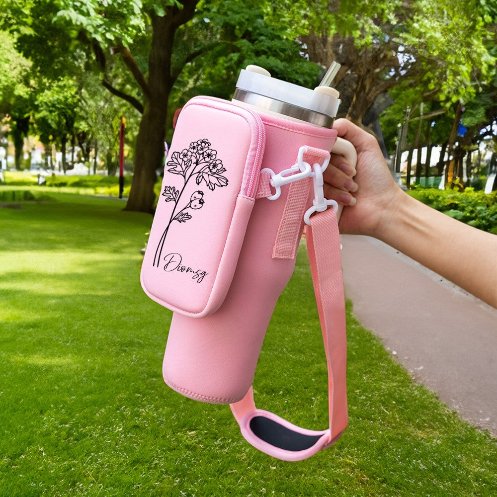 Gift for Women, Custom Name Birth Flower Tumbler Carrier Bag with Pouch, Outdoor Essential, Cup Holder Pouch with Handle, Compatible with 40oz Tumbler