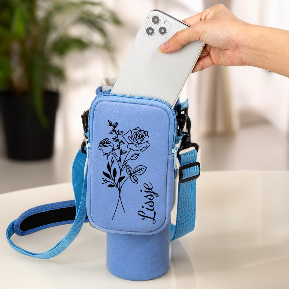 Gift for Women, Custom Name Birth Flower Tumbler Carrier Bag with Pouch, Outdoor Essential, Cup Holder Pouch with Handle, Compatible with 40oz Tumbler