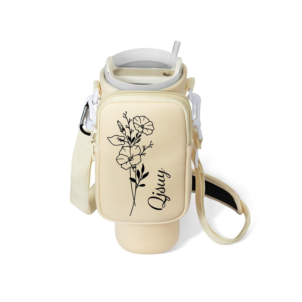 Gift for Women, Custom Name Birth Flower Tumbler Carrier Bag with Pouch, Outdoor Essential, Cup Holder Pouch with Handle, Compatible with 40oz Tumbler
