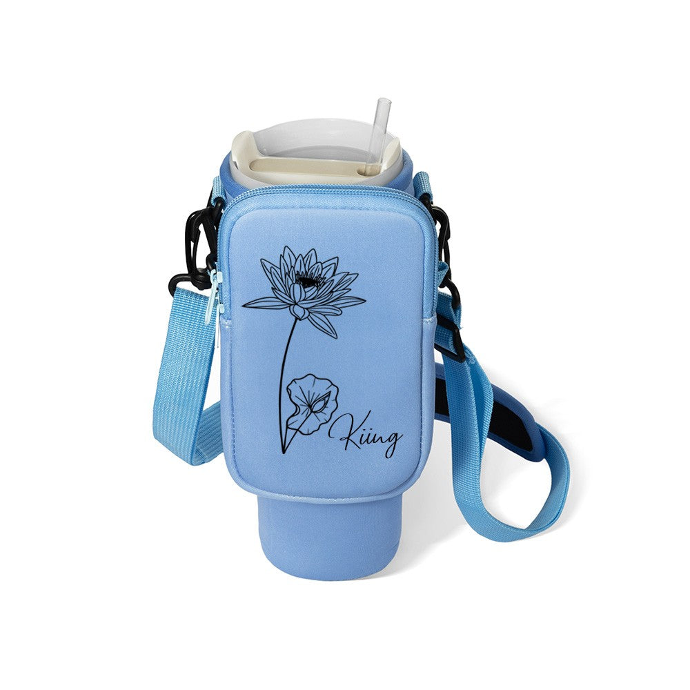 Gift for Women, Custom Name Birth Flower Tumbler Carrier Bag with Pouch, Outdoor Essential, Cup Holder Pouch with Handle, Compatible with 40oz Tumbler