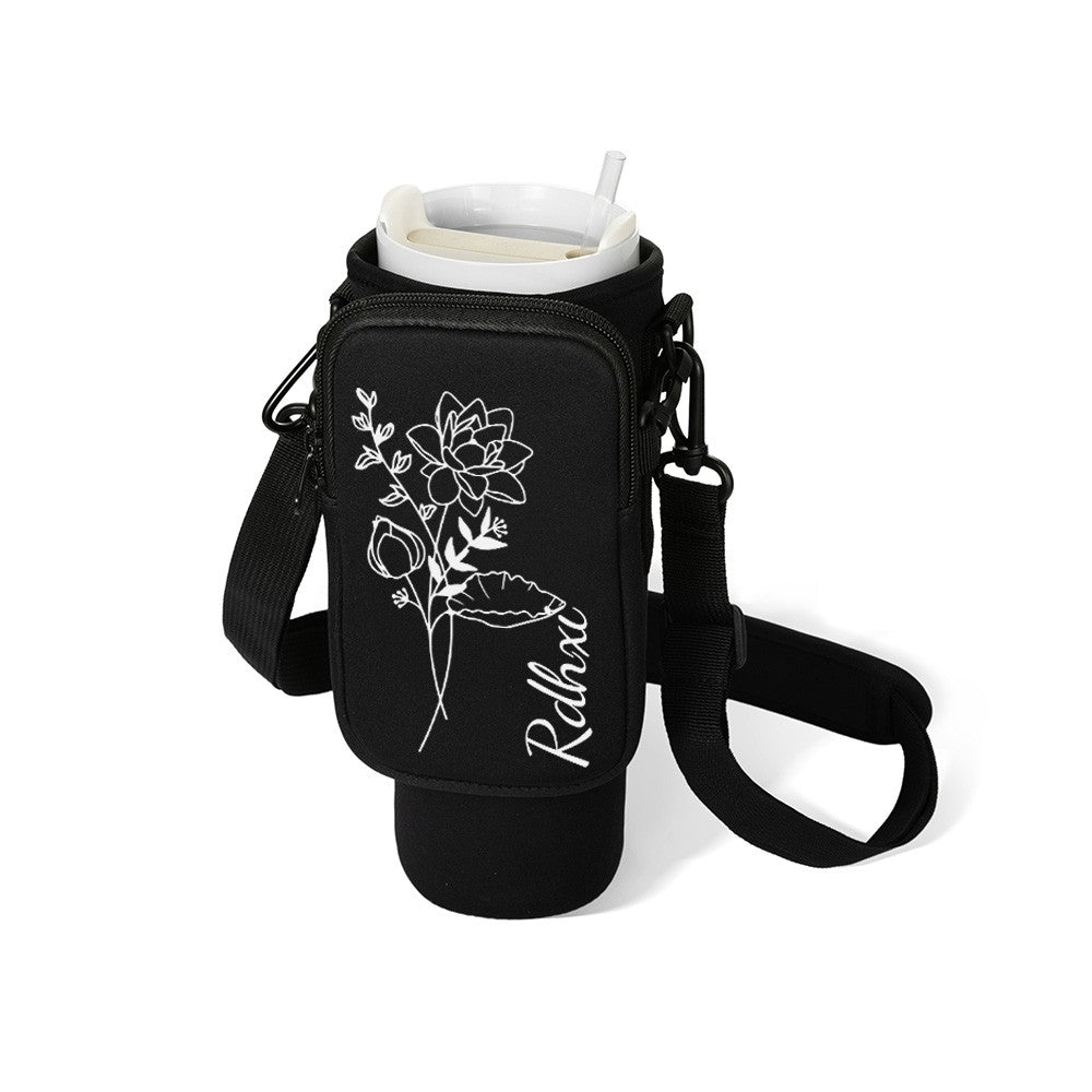 Gift for Women, Custom Name Birth Flower Tumbler Carrier Bag with Pouch, Outdoor Essential, Cup Holder Pouch with Handle, Compatible with 40oz Tumbler