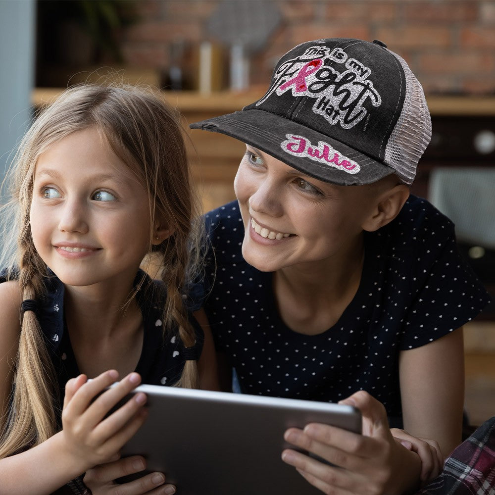 This Is My Fight Hat, Distressed Adjustable Pink Ribbon Breast Cancer Baseball Cap, Cancer Awareness Accessories, Chemo/Cancer Care Gifts for Women