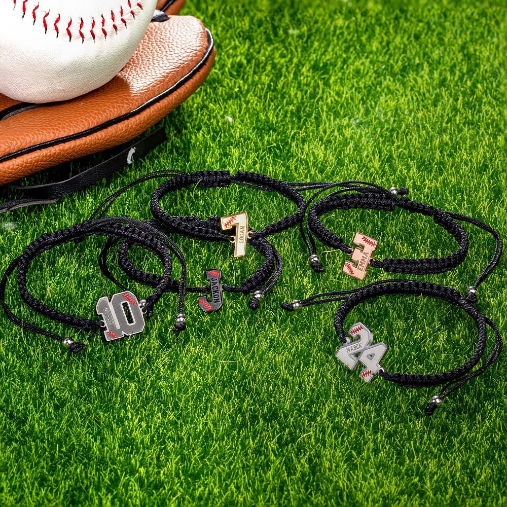 Personalized Braided Baseball Bracelet, Custom Name Jersey Number Adjustable Bracelet, Baseball/Softball Jewelry, Gift for Baseball Player/Enthusiasts