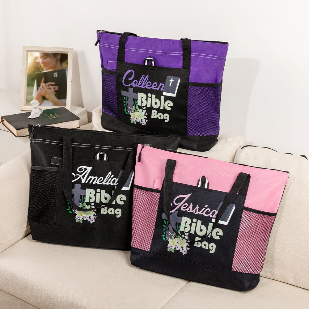 Personalized Cross & Flowers Bible Tote Bag, Custom Bible Study Bag with Mesh, Scripture Shopping Bag Handbag, Christian Gift for Woman/Friend/Family