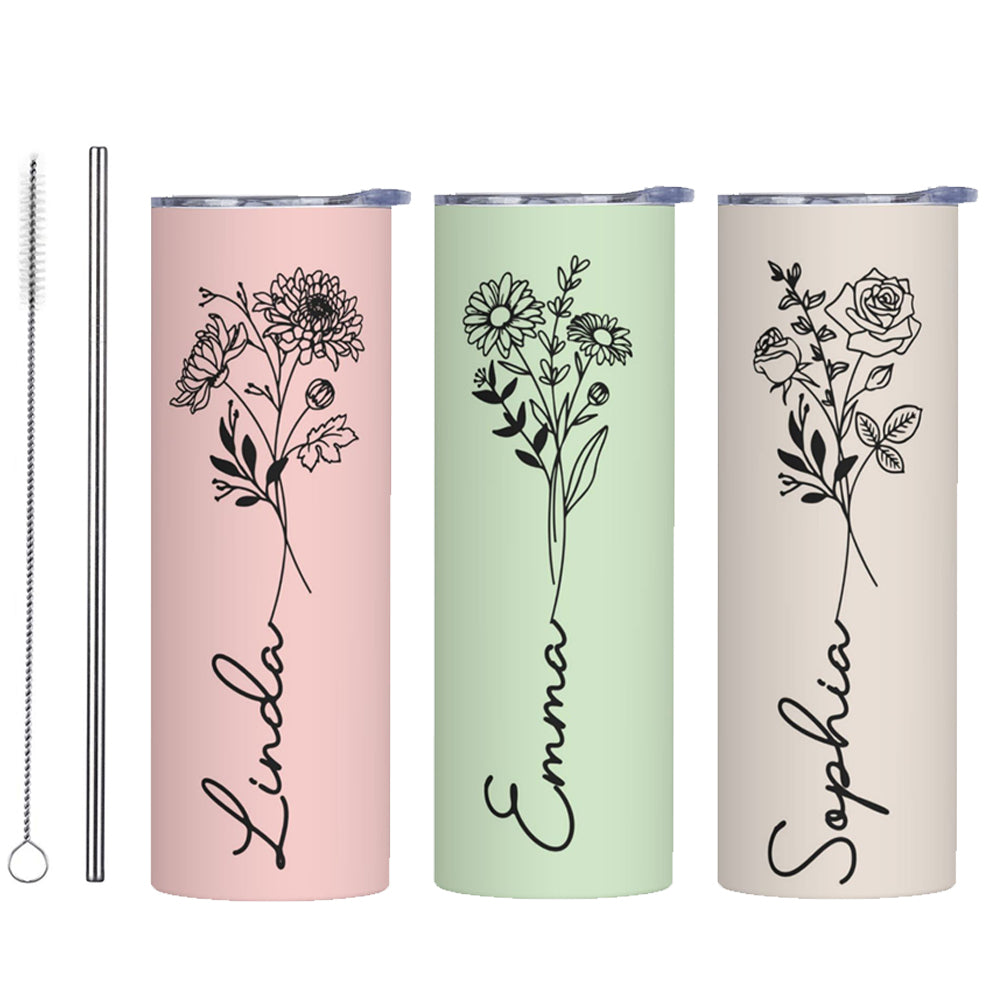 Custom Name Birth Flower Tumbler, Stainless Steel 20oz Birth Flower Travel Mug with Straw, Birthday/Mother's Day Gift for Family/Friends/Bridesmaids Cup