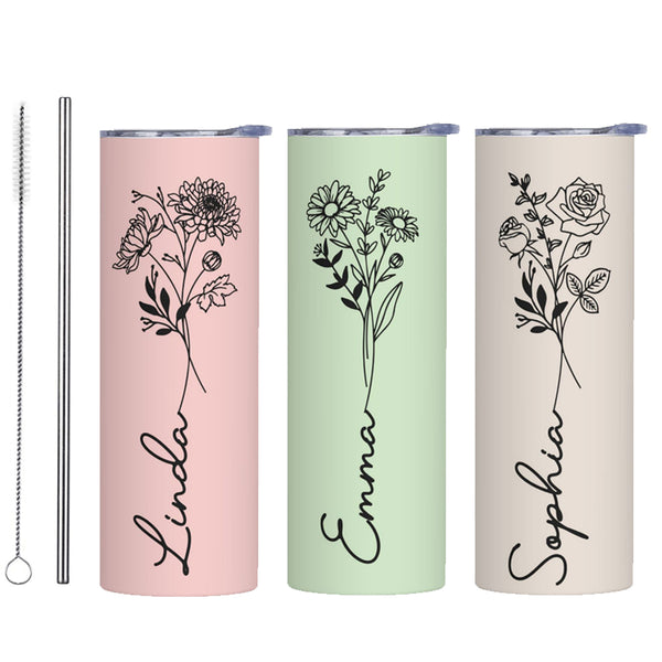 Custom Name Birth Flower Tumbler, Stainless Steel 20oz Birth Flower Travel Mug with Straw, Birthday/Mother's Day Gift for Family/Friends/Bridesmaids Cup