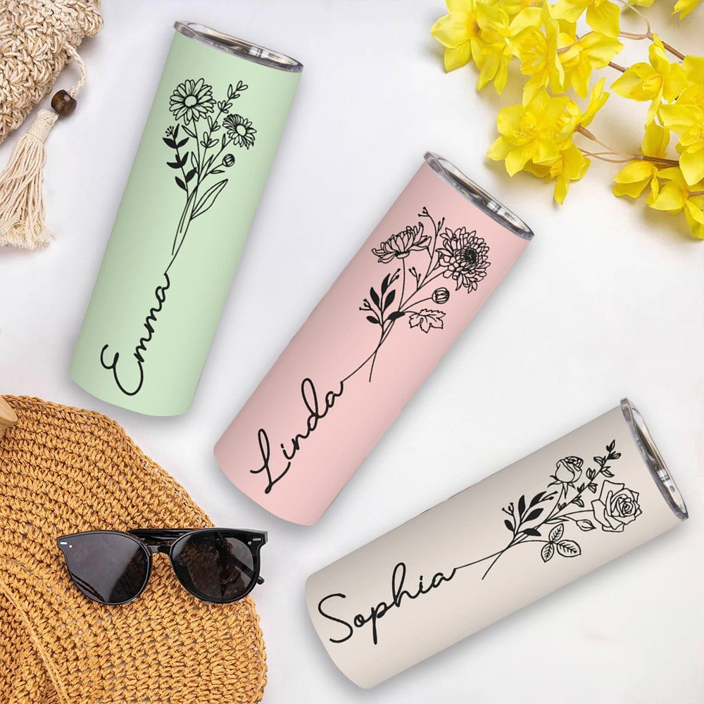 Custom Name Birth Flower Tumbler, Stainless Steel 20oz Birth Flower Travel Mug with Straw, Birthday/Mother's Day Gift for Family/Friends/Bridesmaids Cup