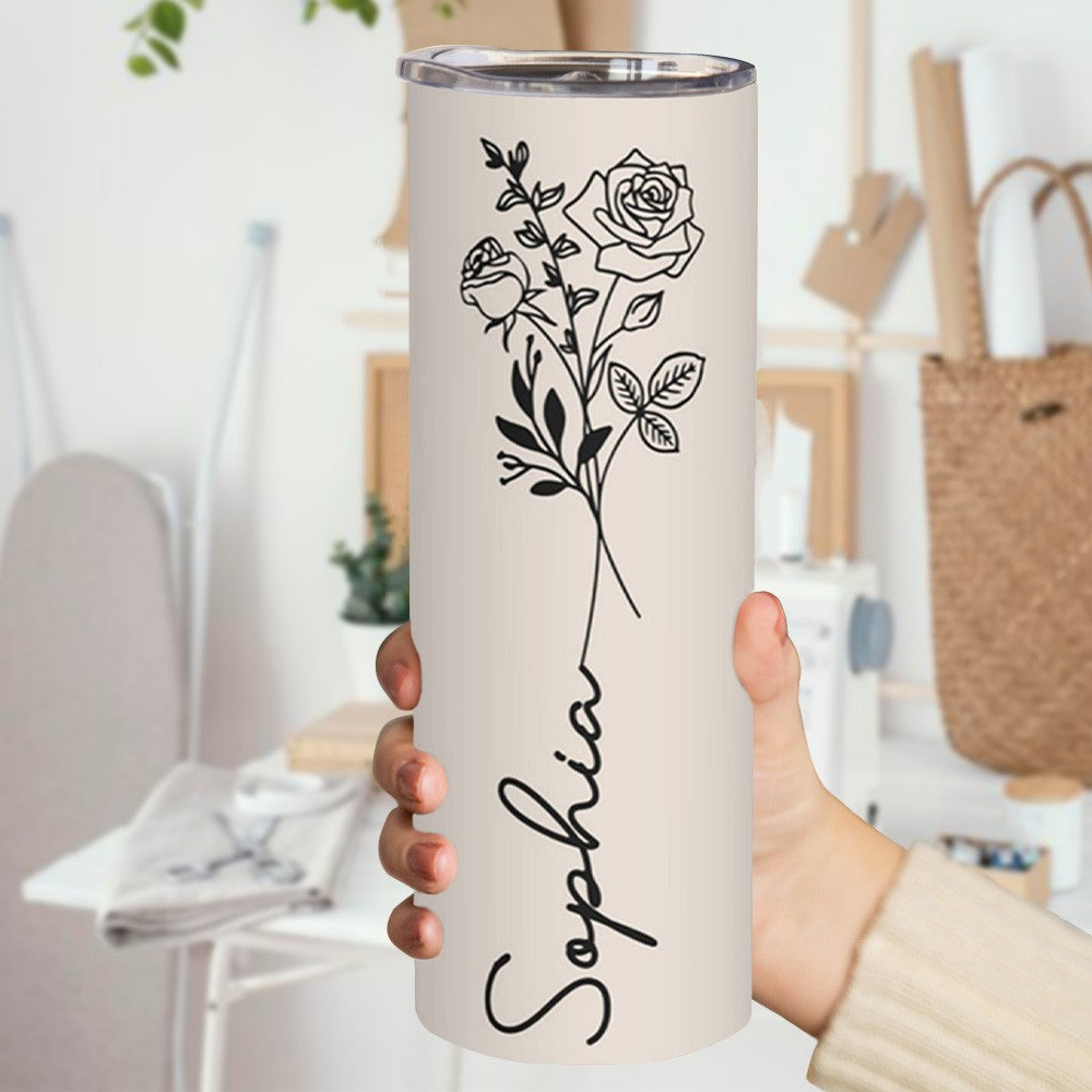 Custom Name Birth Flower Tumbler, Stainless Steel 20oz Birth Flower Travel Mug with Straw, Birthday/Mother's Day Gift for Family/Friends/Bridesmaids Cup