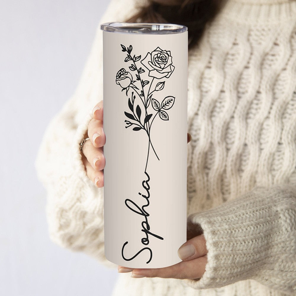 Custom Name Birth Flower Tumbler, Stainless Steel 20oz Birth Flower Travel Mug with Straw, Birthday/Mother's Day Gift for Family/Friends/Bridesmaids Cup