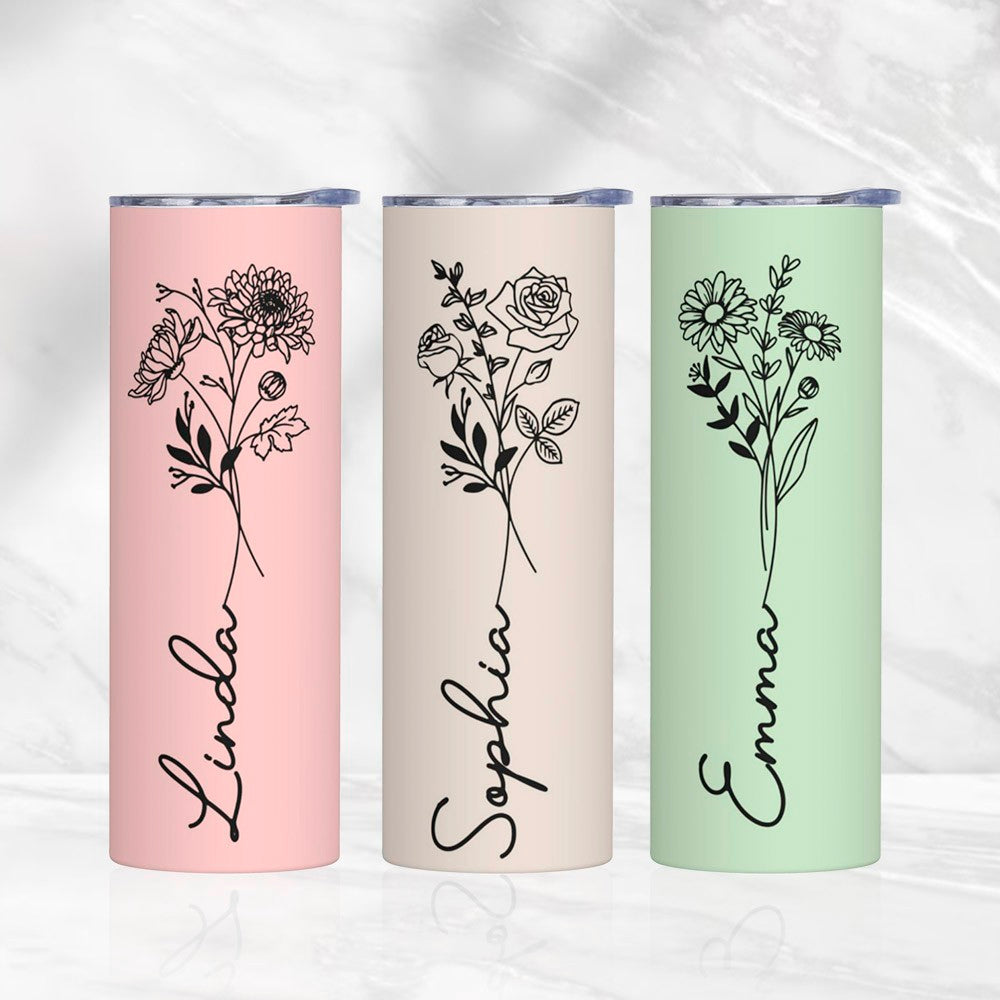 Custom Name Birth Flower Tumbler, Stainless Steel 20oz Birth Flower Travel Mug with Straw, Birthday/Mother's Day Gift for Family/Friends/Bridesmaids Cup