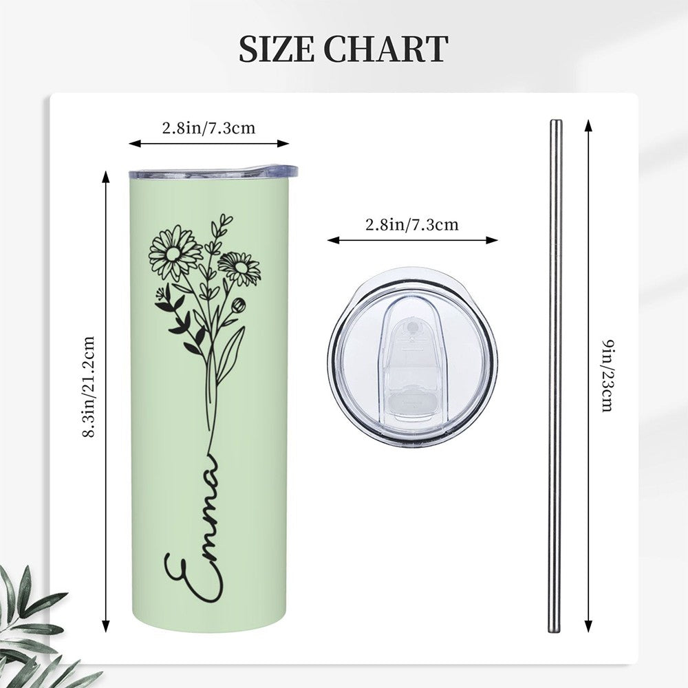 Custom Name Birth Flower Tumbler, Stainless Steel 20oz Birth Flower Travel Mug with Straw, Birthday/Mother's Day Gift for Family/Friends/Bridesmaids Cup