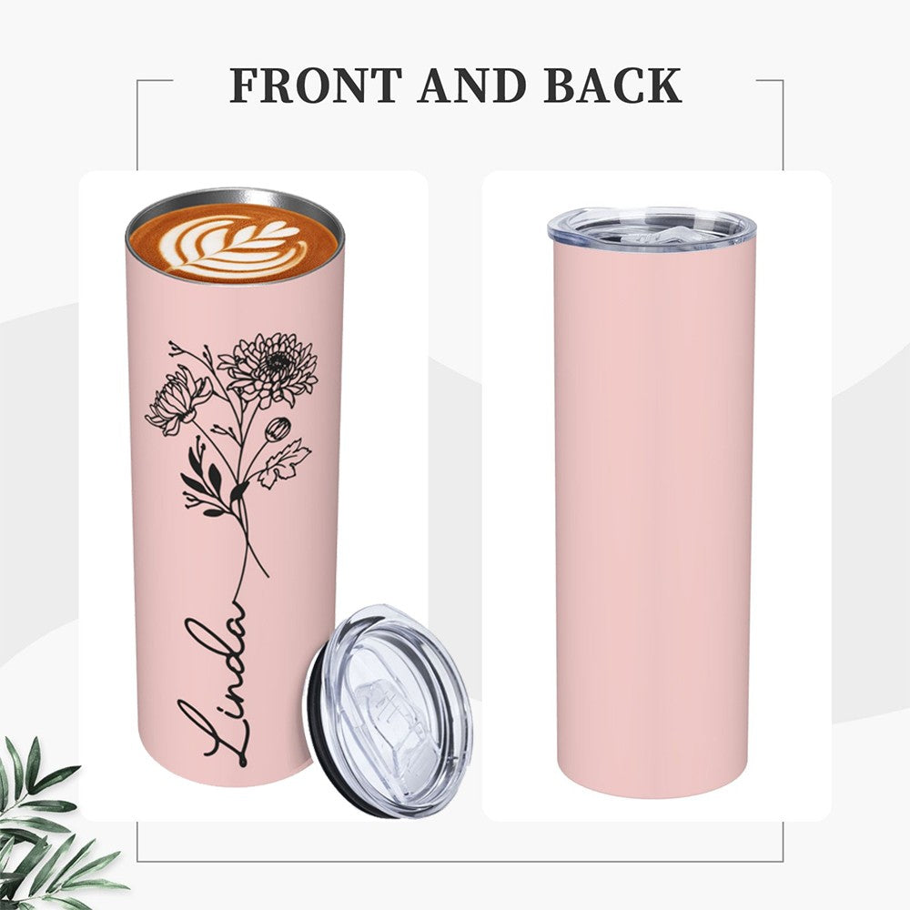 Custom Name Birth Flower Tumbler, Stainless Steel 20oz Birth Flower Travel Mug with Straw, Birthday/Mother's Day Gift for Family/Friends/Bridesmaids Cup