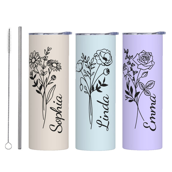 Personalized Birth Flower Tumbler, Stainless Steel 20oz Birth Flower Travel Mug with Straw, Birthday/Mother's Day Gift for Family/Friends/Bridesmaids Cup