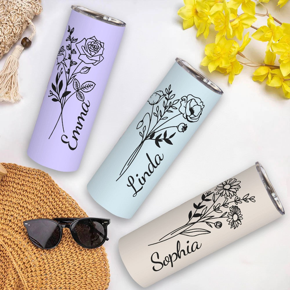 Personalized Birth Flower Tumbler, Stainless Steel 20oz Birth Flower Travel Mug with Straw, Birthday/Mother's Day Gift for Family/Friends/Bridesmaids Cup