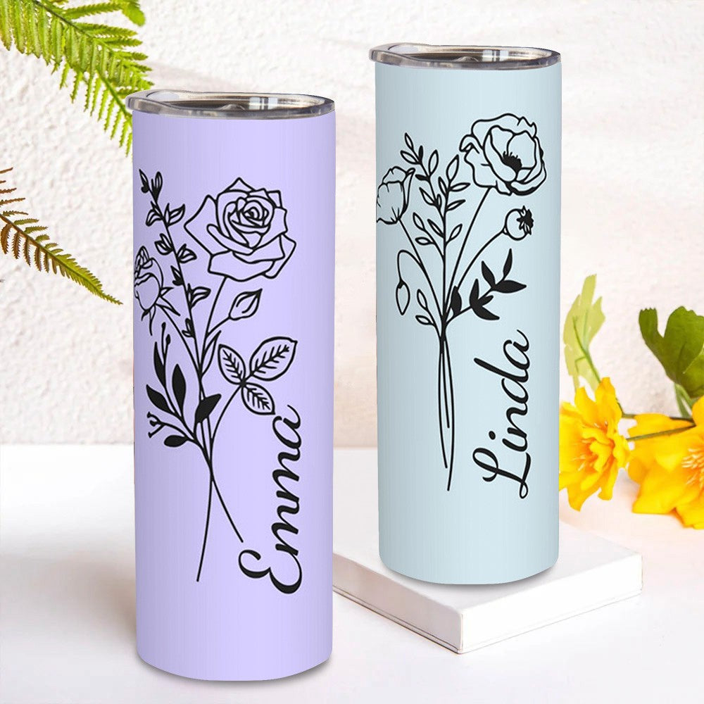 Personalized Birth Flower Tumbler, Stainless Steel 20oz Birth Flower Travel Mug with Straw, Birthday/Mother's Day Gift for Family/Friends/Bridesmaids Cup