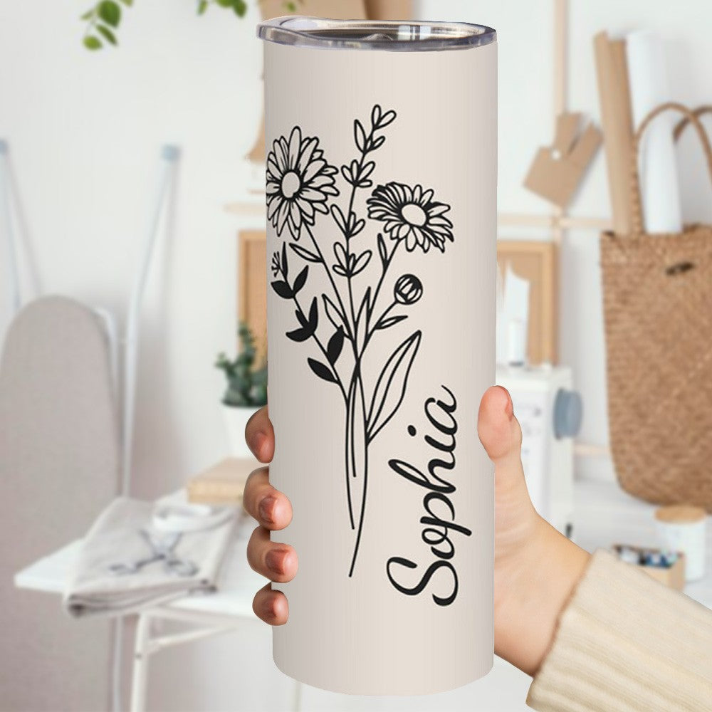Personalized Birth Flower Tumbler, Stainless Steel 20oz Birth Flower Travel Mug with Straw, Birthday/Mother's Day Gift for Family/Friends/Bridesmaids Cup