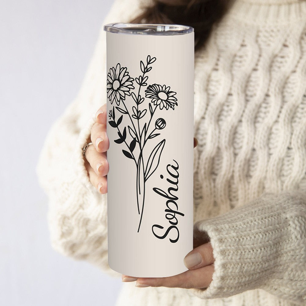 Personalized Birth Flower Tumbler, Stainless Steel 20oz Birth Flower Travel Mug with Straw, Birthday/Mother's Day Gift for Family/Friends/Bridesmaids Cup