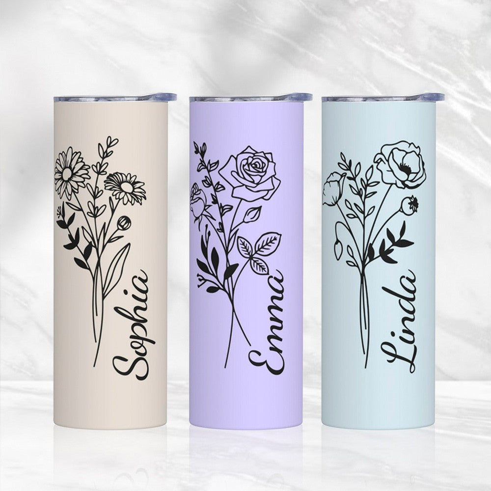 Personalized Birth Flower Tumbler, Stainless Steel 20oz Birth Flower Travel Mug with Straw, Birthday/Mother's Day Gift for Family/Friends/Bridesmaids Cup