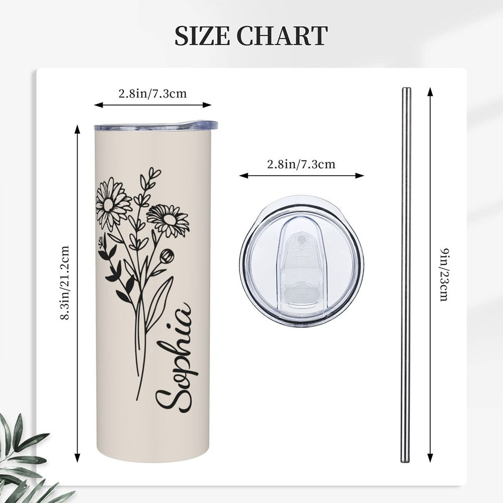 Personalized Birth Flower Tumbler, Stainless Steel 20oz Birth Flower Travel Mug with Straw, Birthday/Mother's Day Gift for Family/Friends/Bridesmaids Cup
