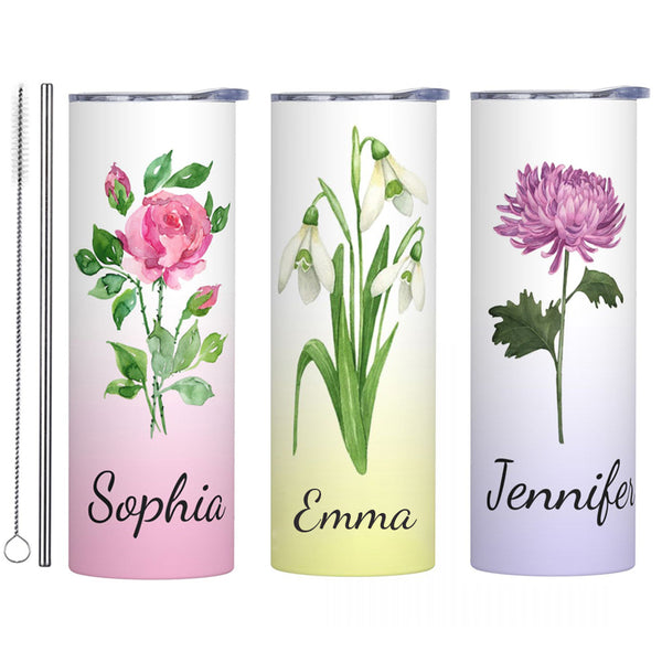 Custom Name Watercolor Birth Flower Gradient Tumbler, Stainless Steel 20oz Birth Flower Travel Mug with Straw, Gift for Family/Friends/Bridesmaids cup
