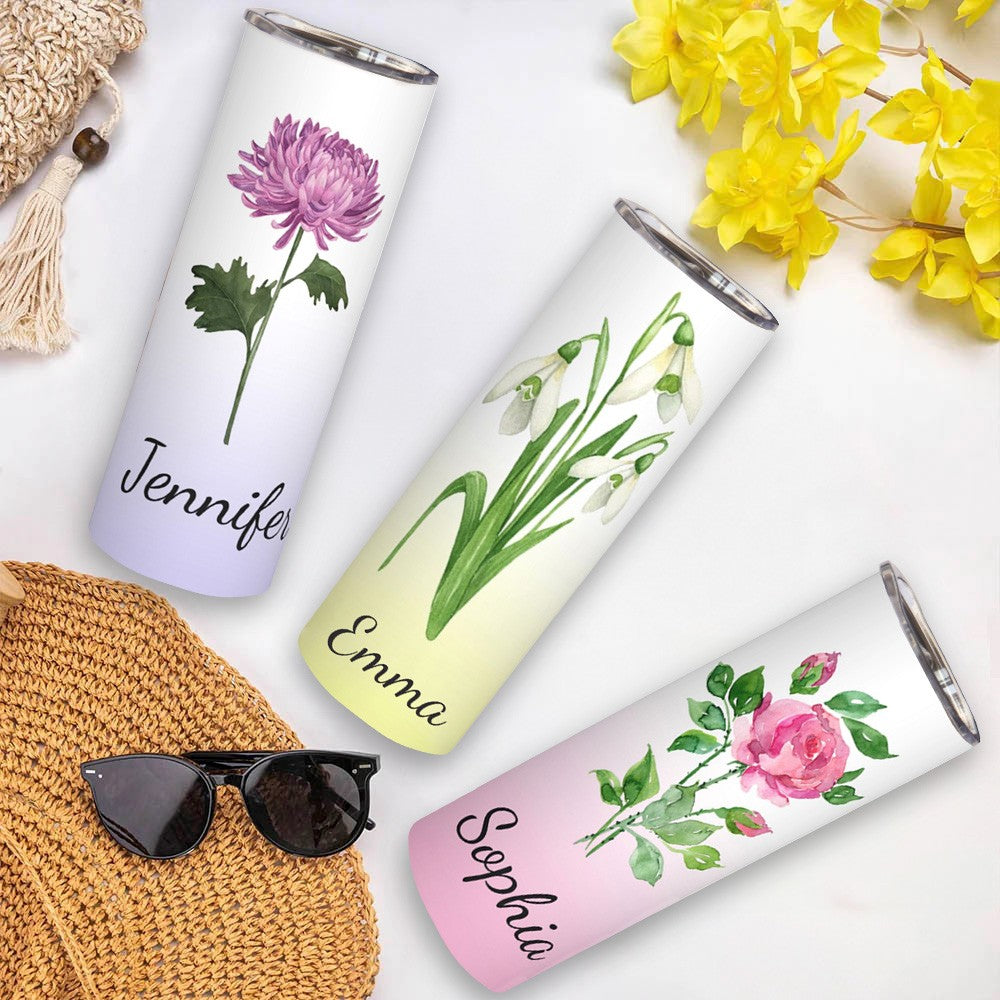 Custom Name Watercolor Birth Flower Gradient Tumbler, Stainless Steel 20oz Birth Flower Travel Mug with Straw, Gift for Family/Friends/Bridesmaids cup