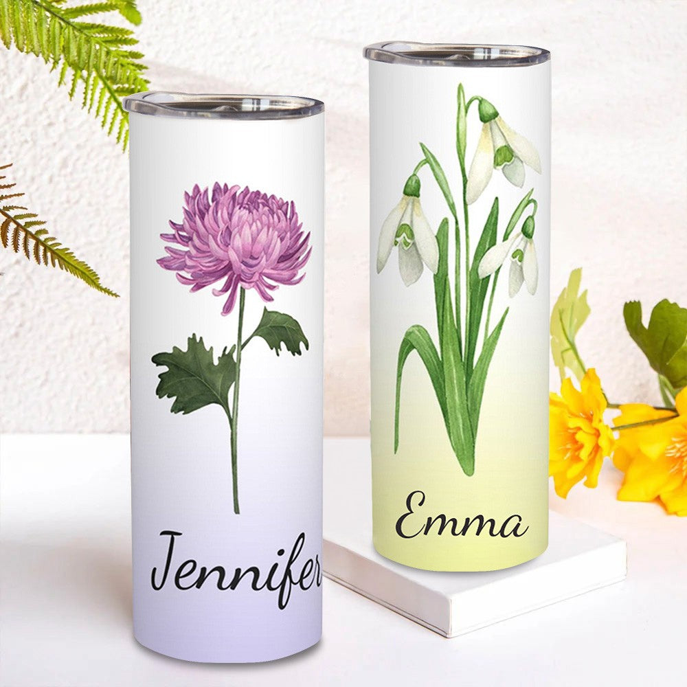 Custom Name Watercolor Birth Flower Gradient Tumbler, Stainless Steel 20oz Birth Flower Travel Mug with Straw, Gift for Family/Friends/Bridesmaids cup