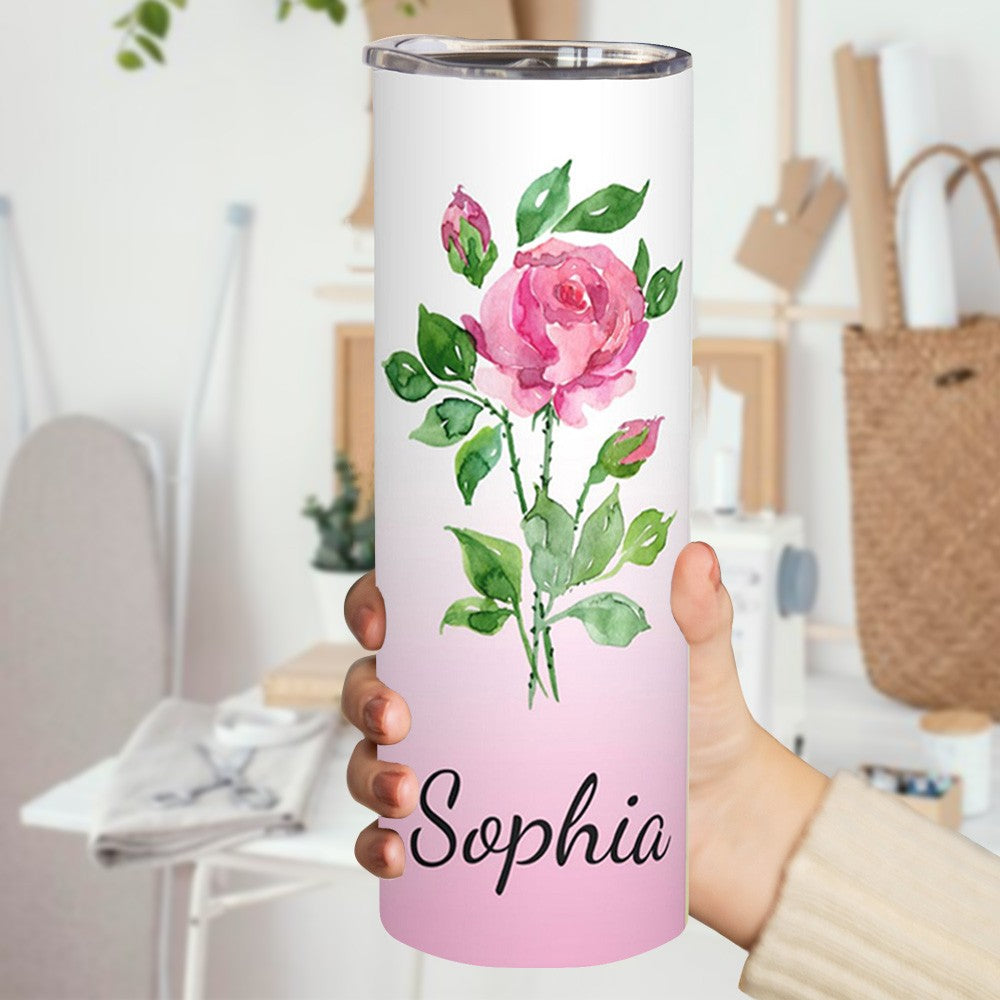 Custom Name Watercolor Birth Flower Gradient Tumbler, Stainless Steel 20oz Birth Flower Travel Mug with Straw, Gift for Family/Friends/Bridesmaids cup