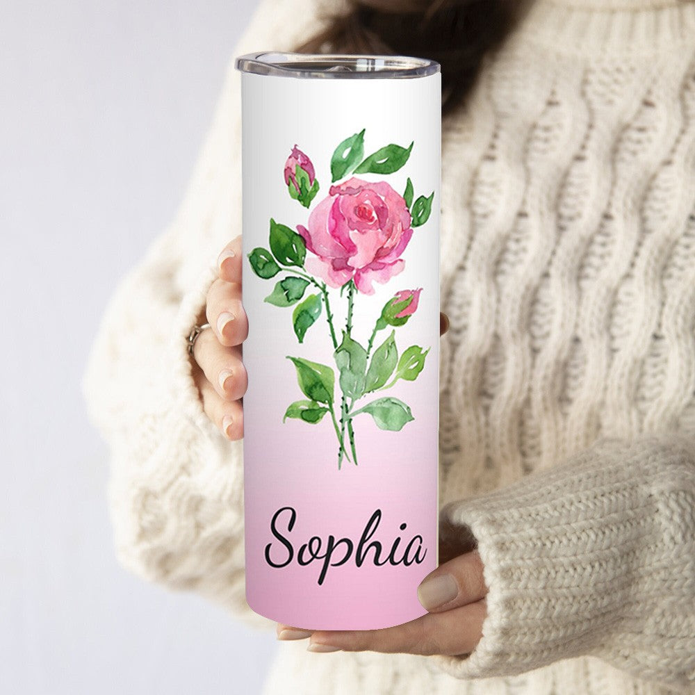 Custom Name Watercolor Birth Flower Gradient Tumbler, Stainless Steel 20oz Birth Flower Travel Mug with Straw, Gift for Family/Friends/Bridesmaids cup