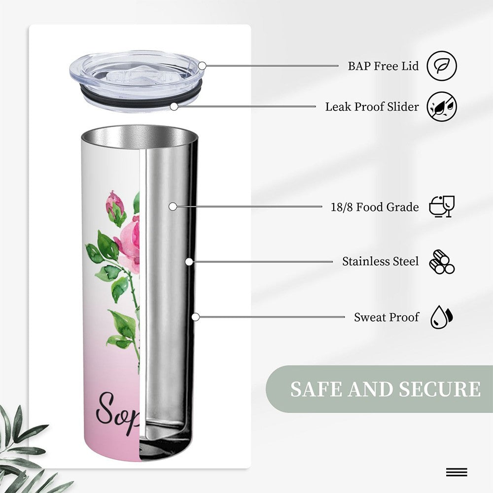 Custom Name Watercolor Birth Flower Gradient Tumbler, Stainless Steel 20oz Birth Flower Travel Mug with Straw, Gift for Family/Friends/Bridesmaids cup