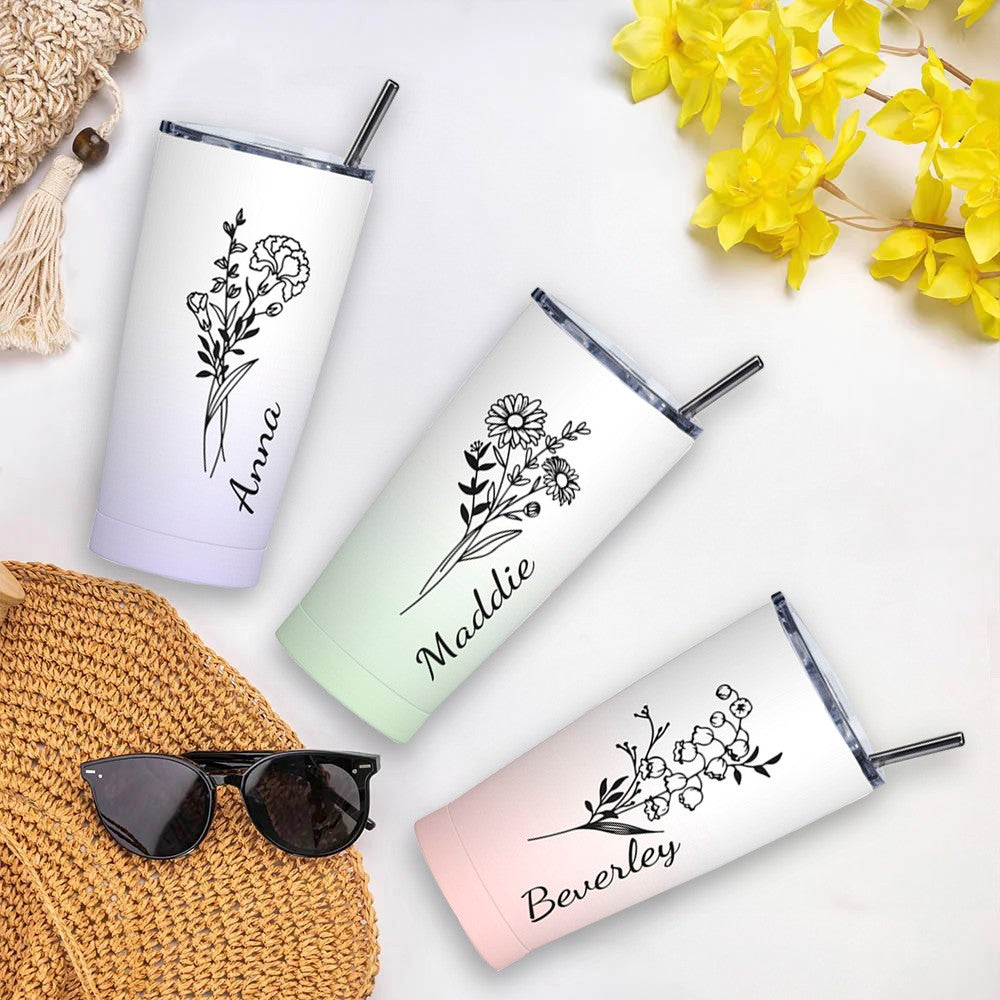 Personalized Birth Flower Gradient Coffee Tumbler, 20oz Name Tumbler with Straw & Lid, Travel Tumbler Cup, Birthday Gift for Family/Friend/Bridesmaid