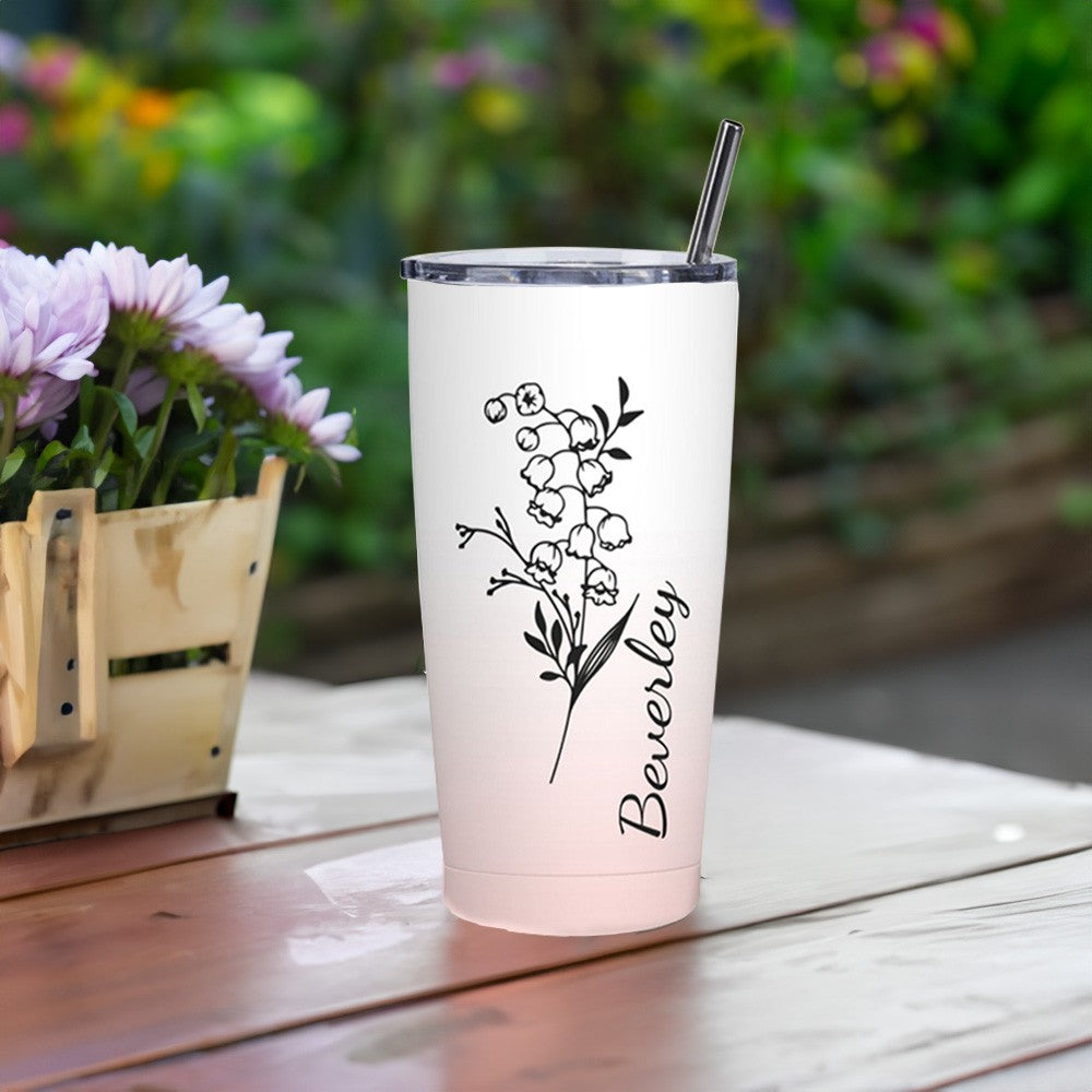 Personalized Birth Flower Gradient Coffee Tumbler, 20oz Name Tumbler with Straw & Lid, Travel Tumbler Cup, Birthday Gift for Family/Friend/Bridesmaid