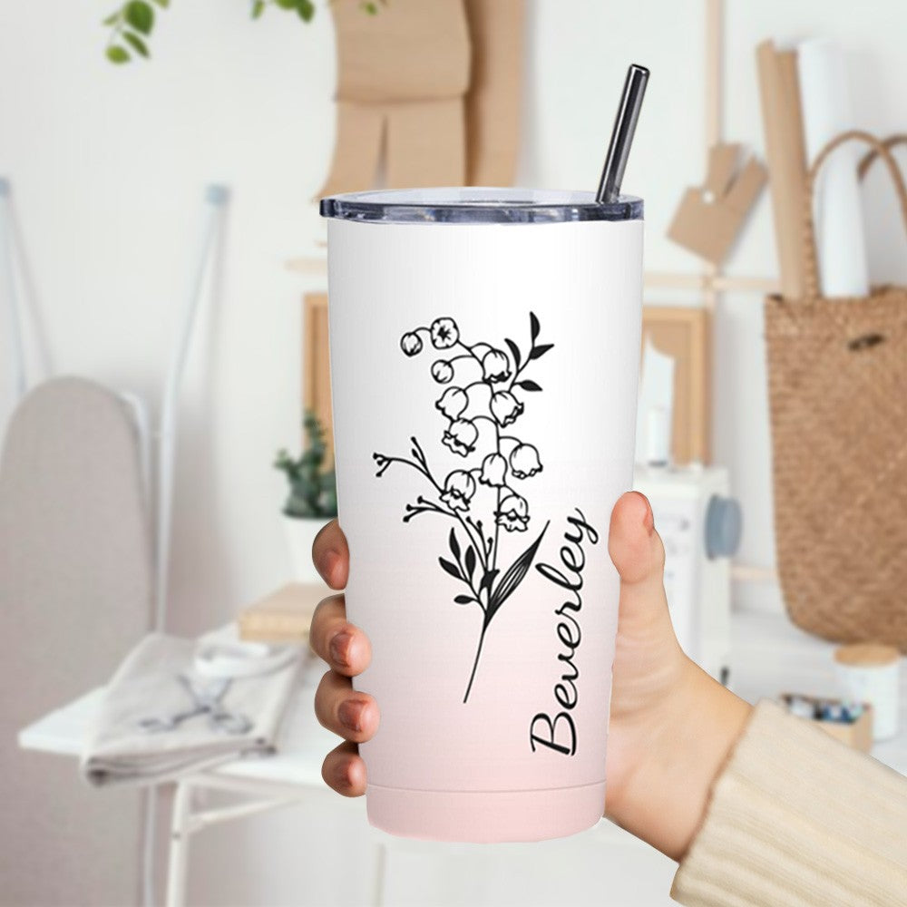 Personalized Birth Flower Gradient Coffee Tumbler, 20oz Name Tumbler with Straw & Lid, Travel Tumbler Cup, Birthday Gift for Family/Friend/Bridesmaid