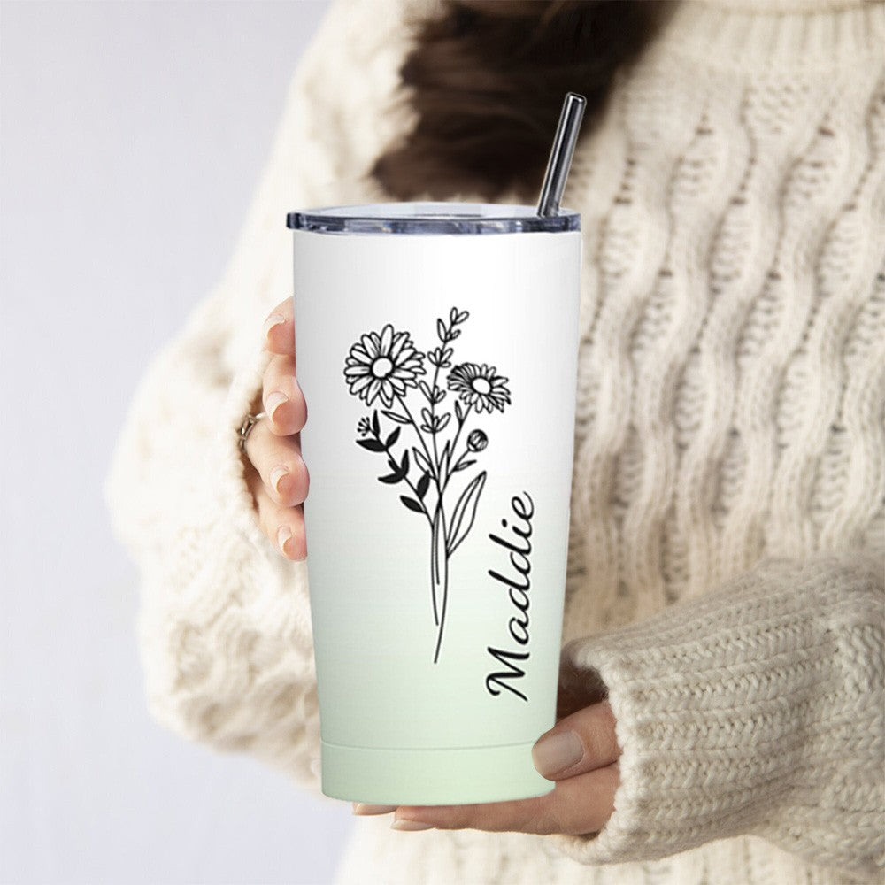 Personalized Birth Flower Gradient Coffee Tumbler, 20oz Name Tumbler with Straw & Lid, Travel Tumbler Cup, Birthday Gift for Family/Friend/Bridesmaid
