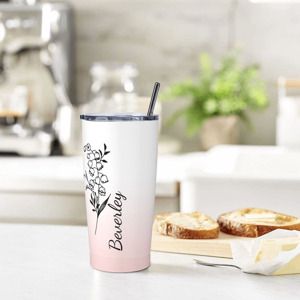 Personalized Birth Flower Gradient Coffee Tumbler, 20oz Name Tumbler with Straw & Lid, Travel Tumbler Cup, Birthday Gift for Family/Friend/Bridesmaid