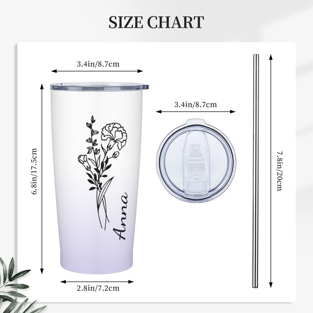Personalized Birth Flower Gradient Coffee Tumbler, 20oz Name Tumbler with Straw & Lid, Travel Tumbler Cup, Birthday Gift for Family/Friend/Bridesmaid