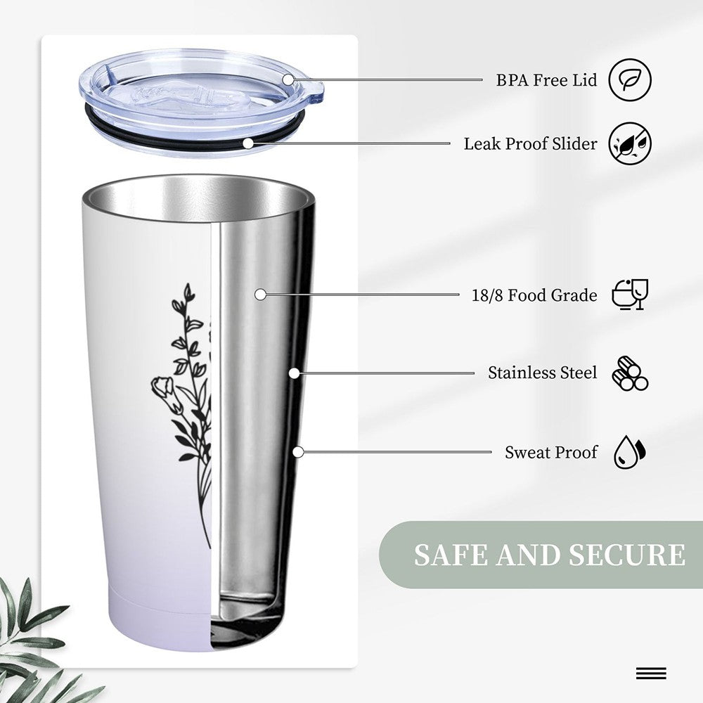 Personalized Birth Flower Gradient Coffee Tumbler, 20oz Name Tumbler with Straw & Lid, Travel Tumbler Cup, Birthday Gift for Family/Friend/Bridesmaid