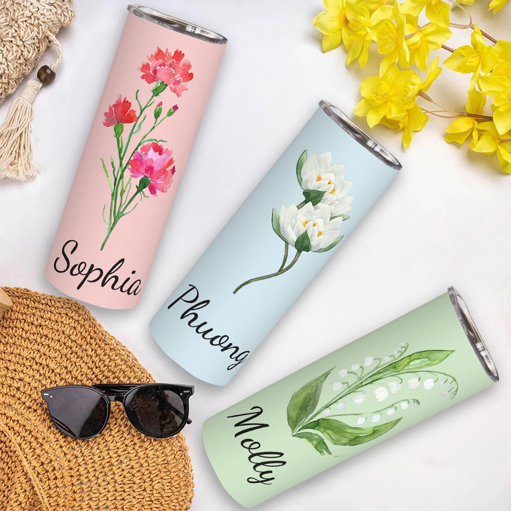 Custom Birth Flower & Name Watercolor Tumbler, Iced Coffee/Tea Portable Travel Cup with Straw and Lid, Birthday/Mother's Day Gift for Family/Friends