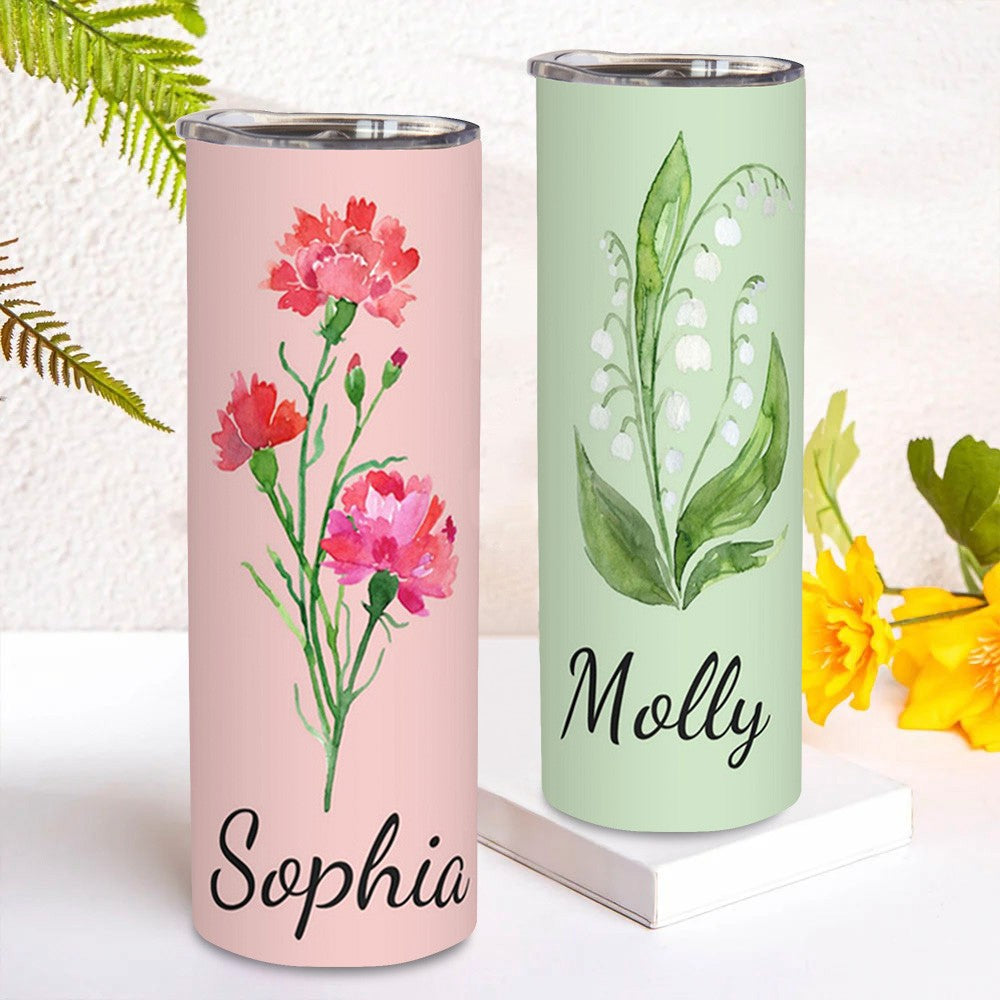 Custom Birth Flower & Name Watercolor Tumbler, Iced Coffee/Tea Portable Travel Cup with Straw and Lid, Birthday/Mother's Day Gift for Family/Friends