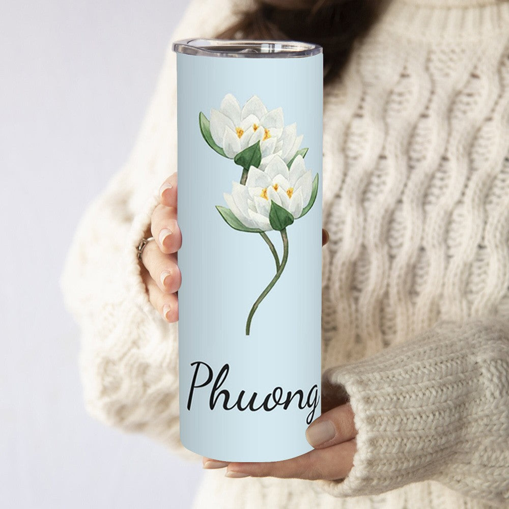 Custom Birth Flower & Name Watercolor Tumbler, Iced Coffee/Tea Portable Travel Cup with Straw and Lid, Birthday/Mother's Day Gift for Family/Friends