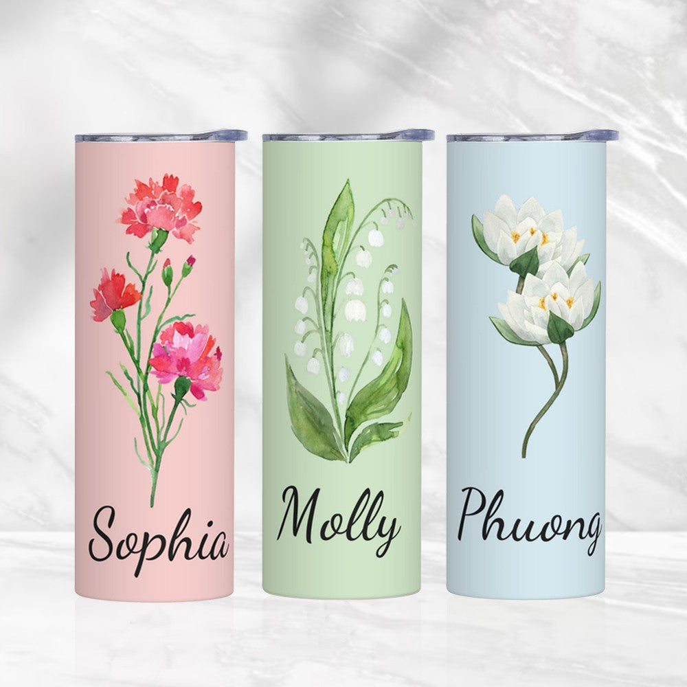 Custom Birth Flower & Name Watercolor Tumbler, Iced Coffee/Tea Portable Travel Cup with Straw and Lid, Birthday/Mother's Day Gift for Family/Friends
