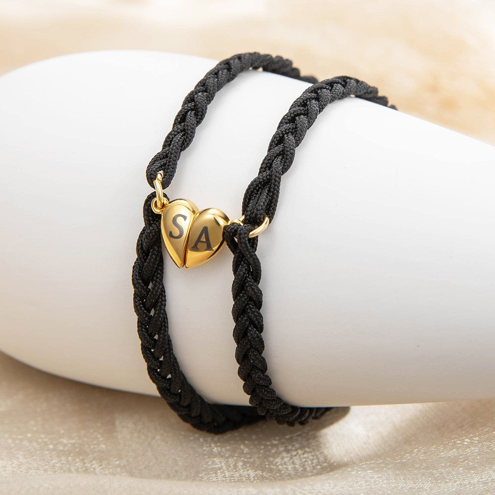 Custom Initials Matching Heart Magnetic Bracelets, Set of 2, Adjustable Matching Couple Braided Bracelets, Couple/Friendship Gift for Lover/Best Friend