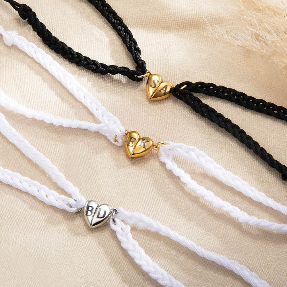 Custom Initials Matching Heart Magnetic Bracelets, Set of 2, Adjustable Matching Couple Braided Bracelets, Couple/Friendship Gift for Lover/Best Friend