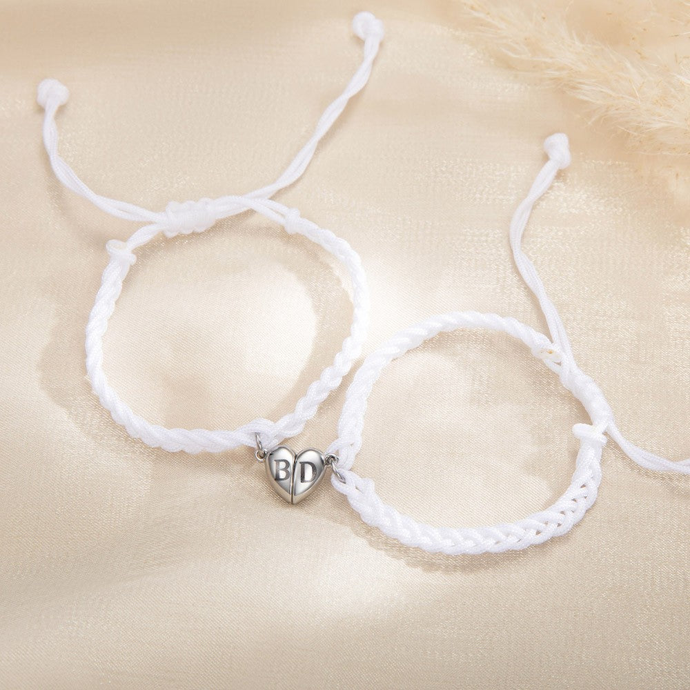 Custom Initials Matching Heart Magnetic Bracelets, Set of 2, Adjustable Matching Couple Braided Bracelets, Couple/Friendship Gift for Lover/Best Friend