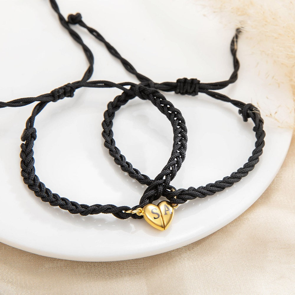 Custom Initials Matching Heart Magnetic Bracelets, Set of 2, Adjustable Matching Couple Braided Bracelets, Couple/Friendship Gift for Lover/Best Friend