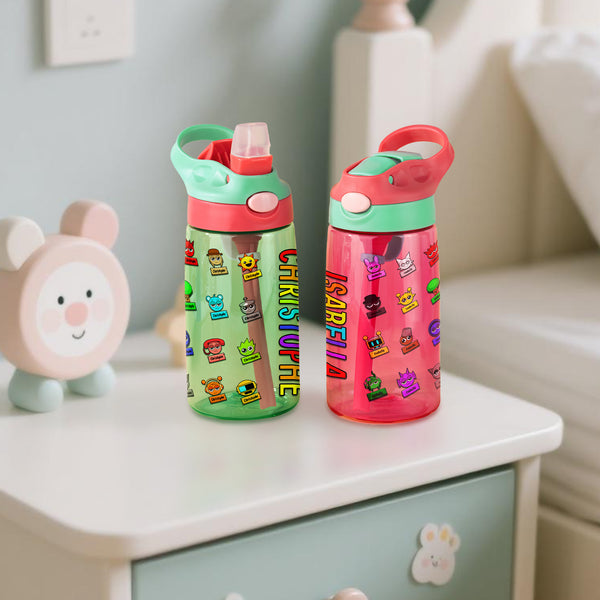 Personalized Sprunki Characters Pattern Water Bottle with Name, 16oz Kids Cup with Silicone Straw & Handle, Birthday Gift for Kids, Gifts for Sons, Gifts for Daughters, Back to School Gifts, Gifts for Students