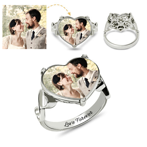 Engraved Heart Shaped Wedding Photo Ring Sterling Silver
