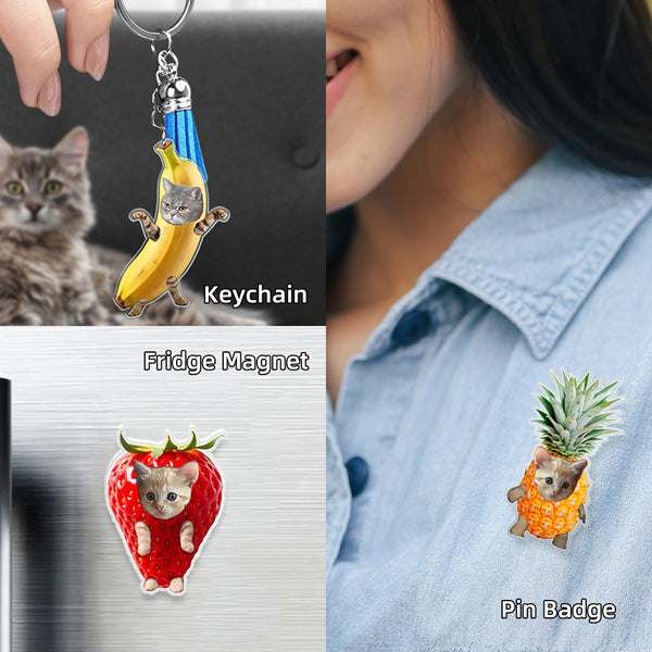 Custom Acrylic Fruit Cat Meme Keychain, Purr-fectly Fun Cat Meme Fridge Magnet, Fruit Cat Pin Badge, Gift for Cat Lover/Cat Parent